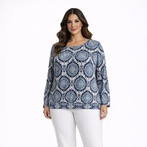 Dressbarn Blue 3/4 Sleeve Pattern Blouse